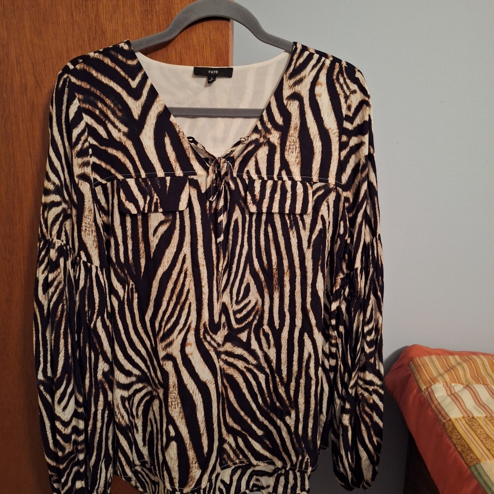 Fate Brown, Black and White Zebra Blouse Women's Size L